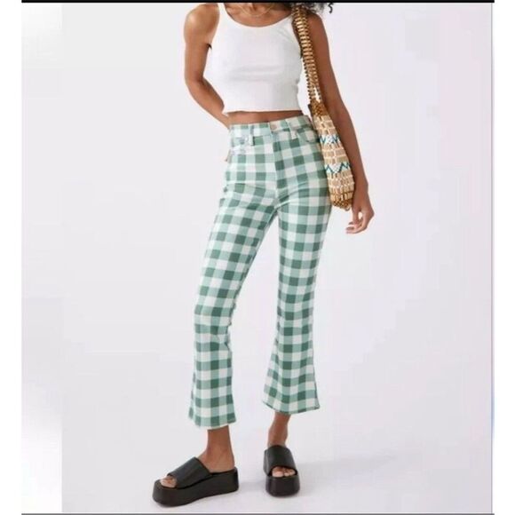 WRANGLER Wrock Gingham Flare Green Checkered Denim Pants Sz 27 - Picture 2 of 5